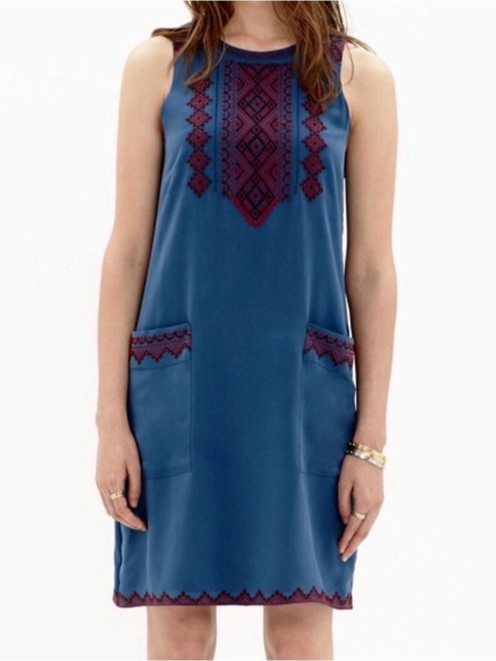 Madewell 100% Silk Embroidered Shift Dress Small Blue Sleeveless Pockets